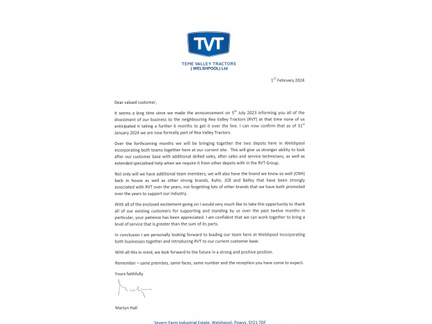 TVT Welshpool letter to customers